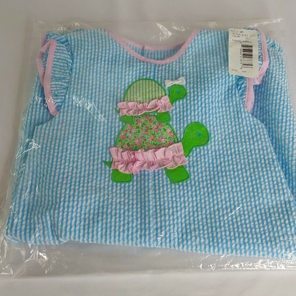 'PETIT AMI' SEERSUCKER PINSTRIPE ANGEL~SLEEVE 'TURTLE LOVE' BUBBLE STYLE OUTFIT - Picture 15 of 16